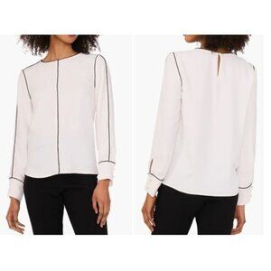 Vince Camuto Piped Long Sleeve Crêpe de Chine Top, New Ivory Sz. L -stained